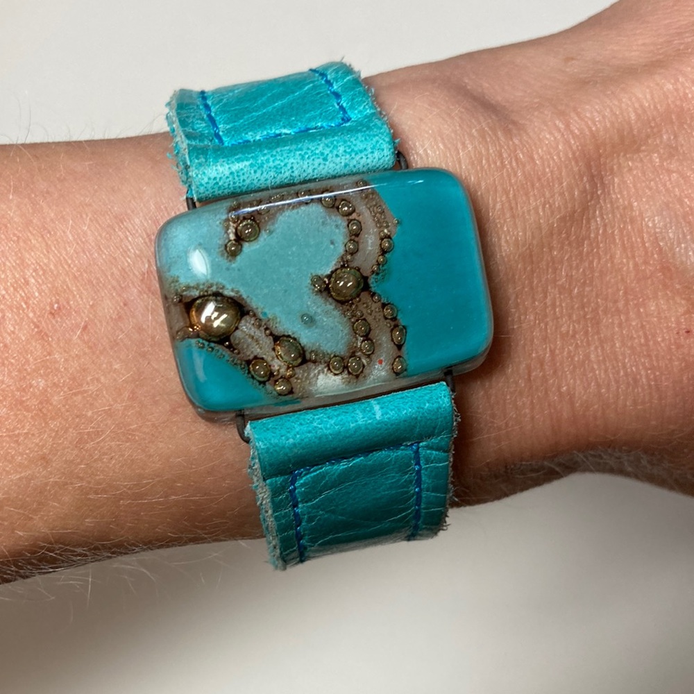 LAST CHANCE: Artist handmade turquoise blue leather watch- band cuff bracelet